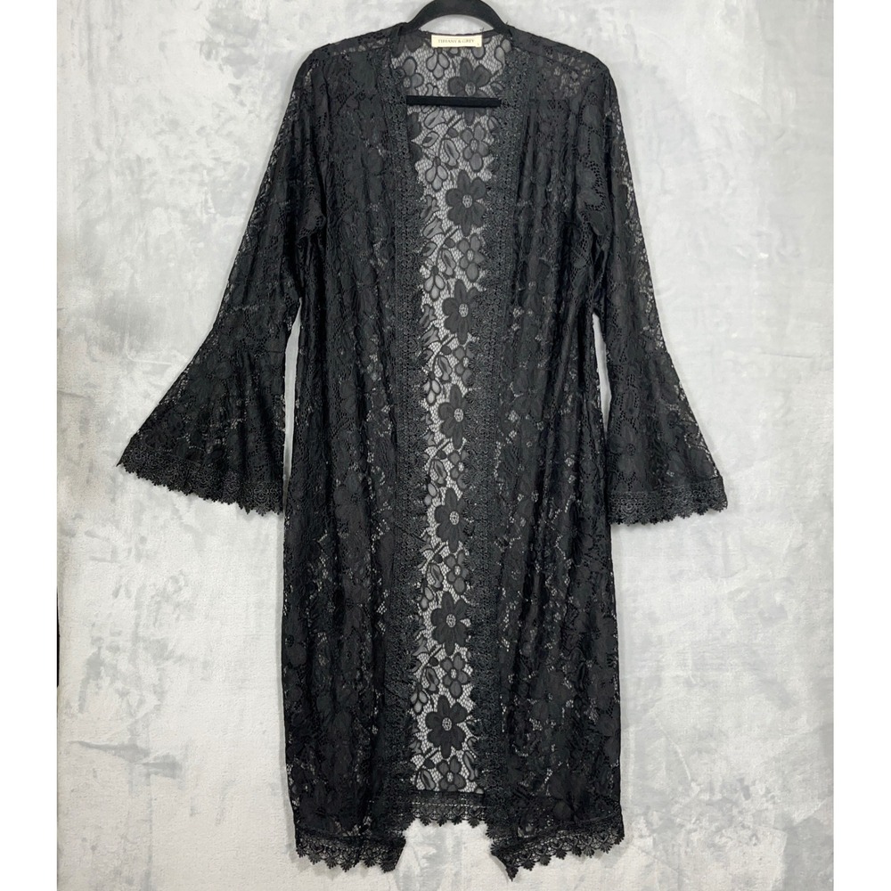 Tiffany & Grey Womens Black Lace Duster Kimono Cardigan L Witchy Boho Whimsigoth